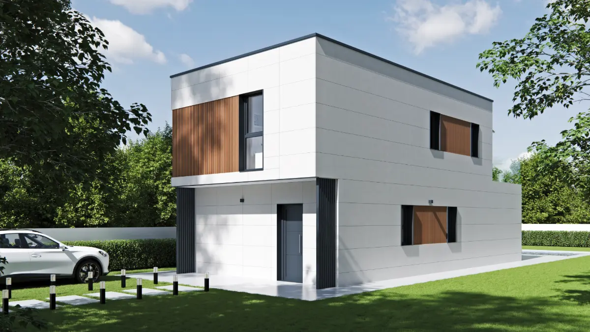 Fachada principal de una casa prefabricada modular de 160 m² con revestimiento porcelánico y lamas técnicas