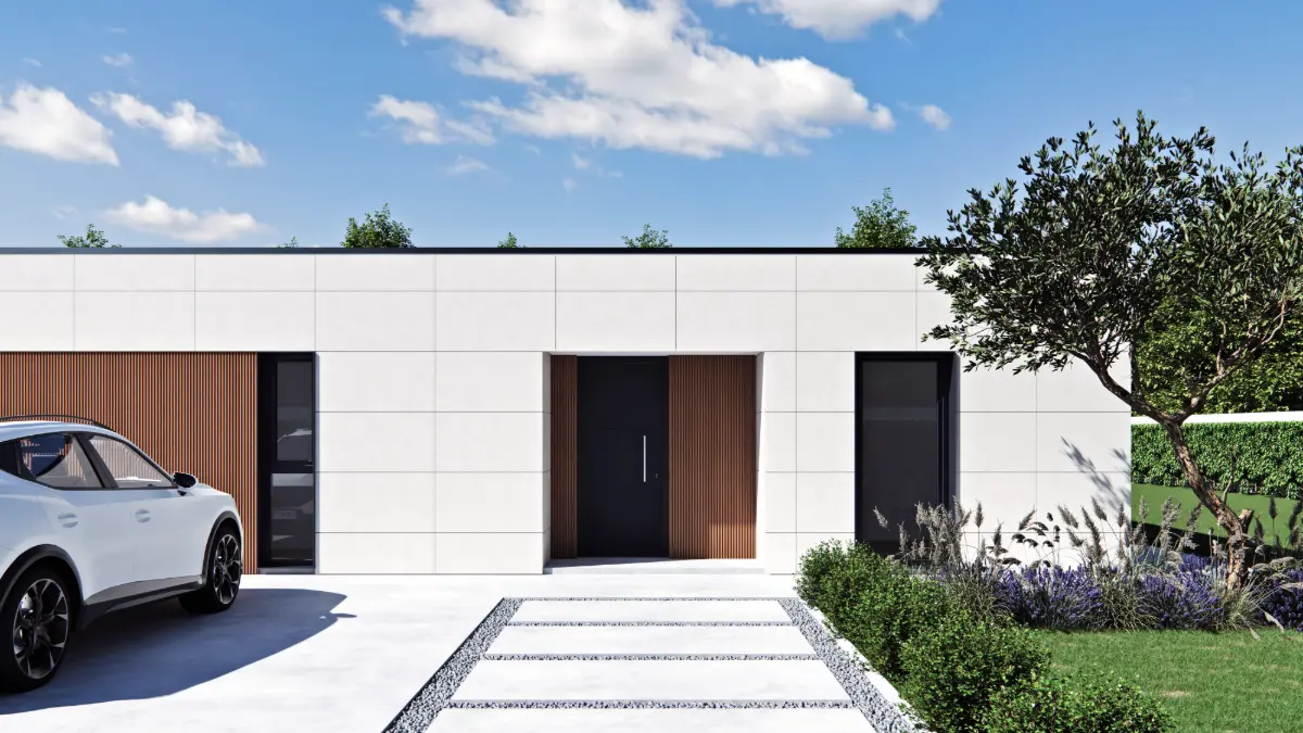 Fachada principal de casa prefabricada modular ZH150 con acceso protegido y revestimiento porcelánico.