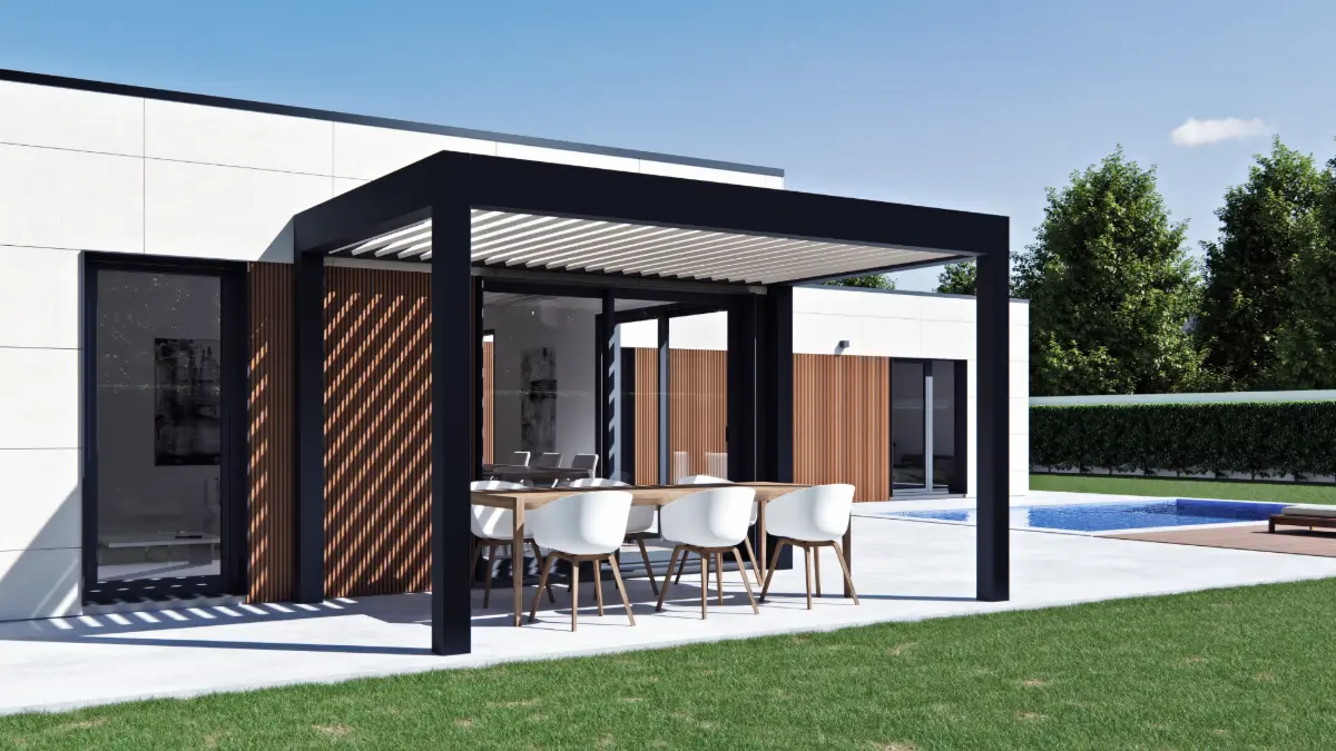 Pérgola bioclimática en vivienda modular ZH150 de 150 m², diseñada como comedor exterior cubierto.