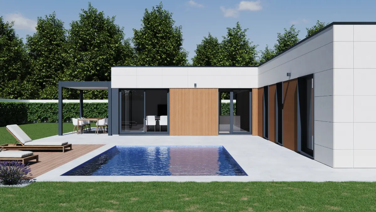 Piscina y zona exterior de la casa modular ZH150 con terraza integrada y grandes ventanales.