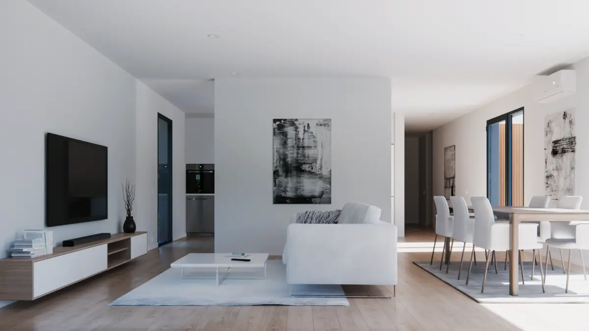 Salón luminoso de casa prefabricada modular ZH180 de 180 m², con diseño abierto y acabados modernos.