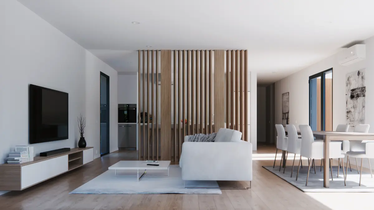 Salón de vivienda modular ZH180 con separador de lamas de madera y distribución en concepto abierto.