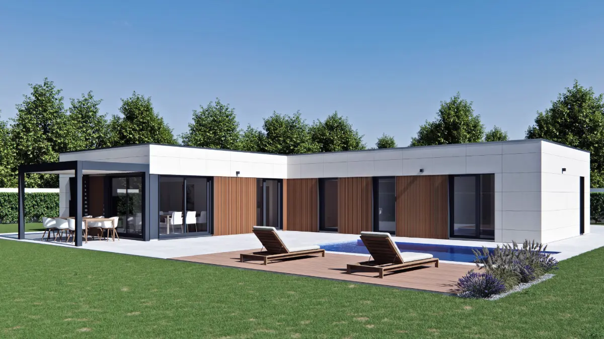 Exterior de casa prefabricada modular ZH150 de 150 m² con piscina privada y fachada combinada en porcelánico y madera técnica.