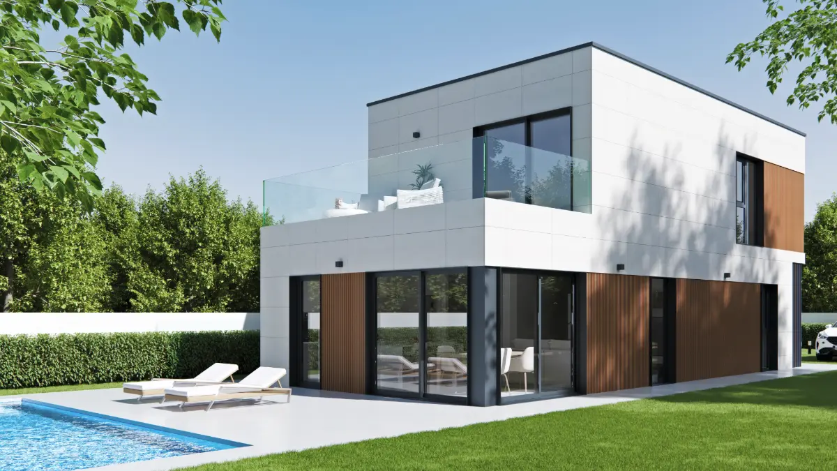 Vista general de una casa modular de 160 m² con diseño moderno en dos plantas
