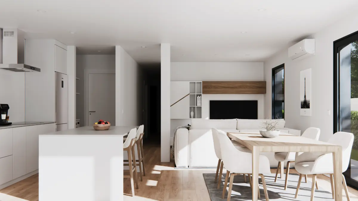 Zona de día de una casa prefabricada modular de 160 m² con cocina abierta y comedor