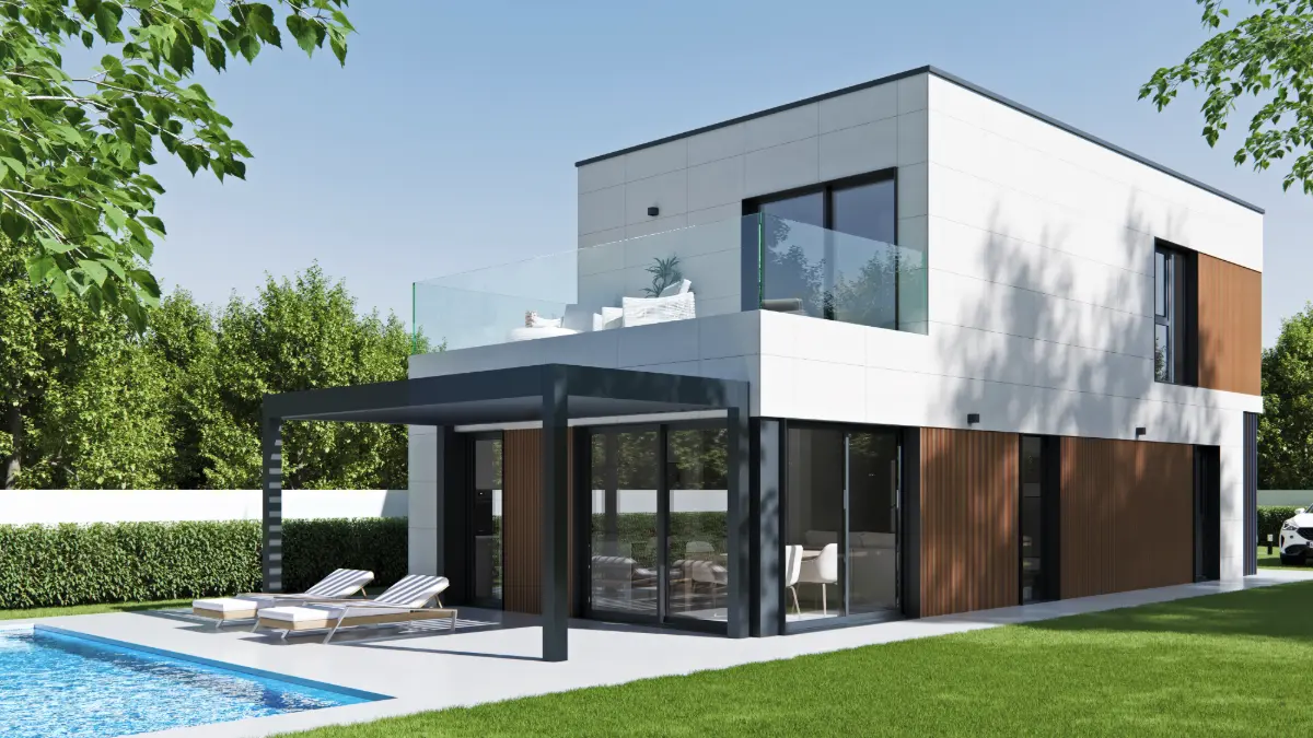 Exterior de una casa prefabricada de 160 m² con pérgola bioclimática, terraza y piscina