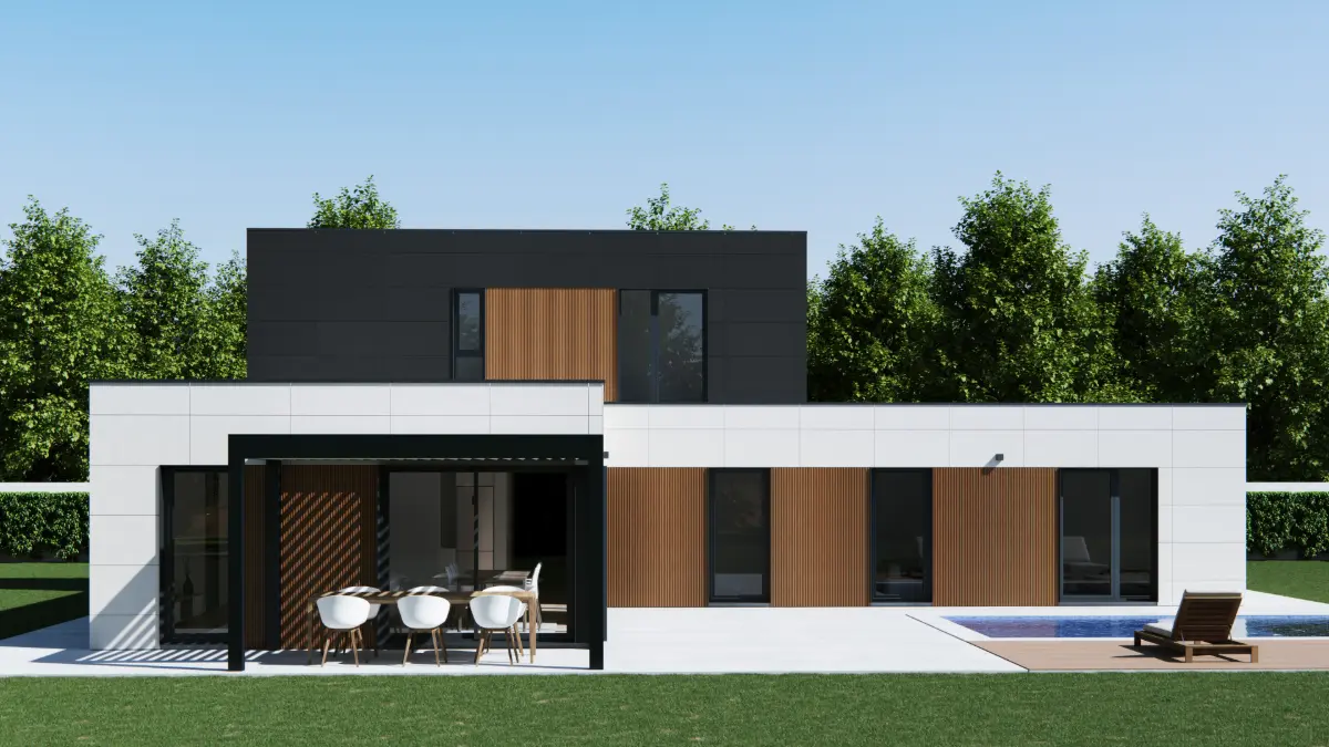 Piscina y jardín en el modelo ZH180, casa modular de 180 m²