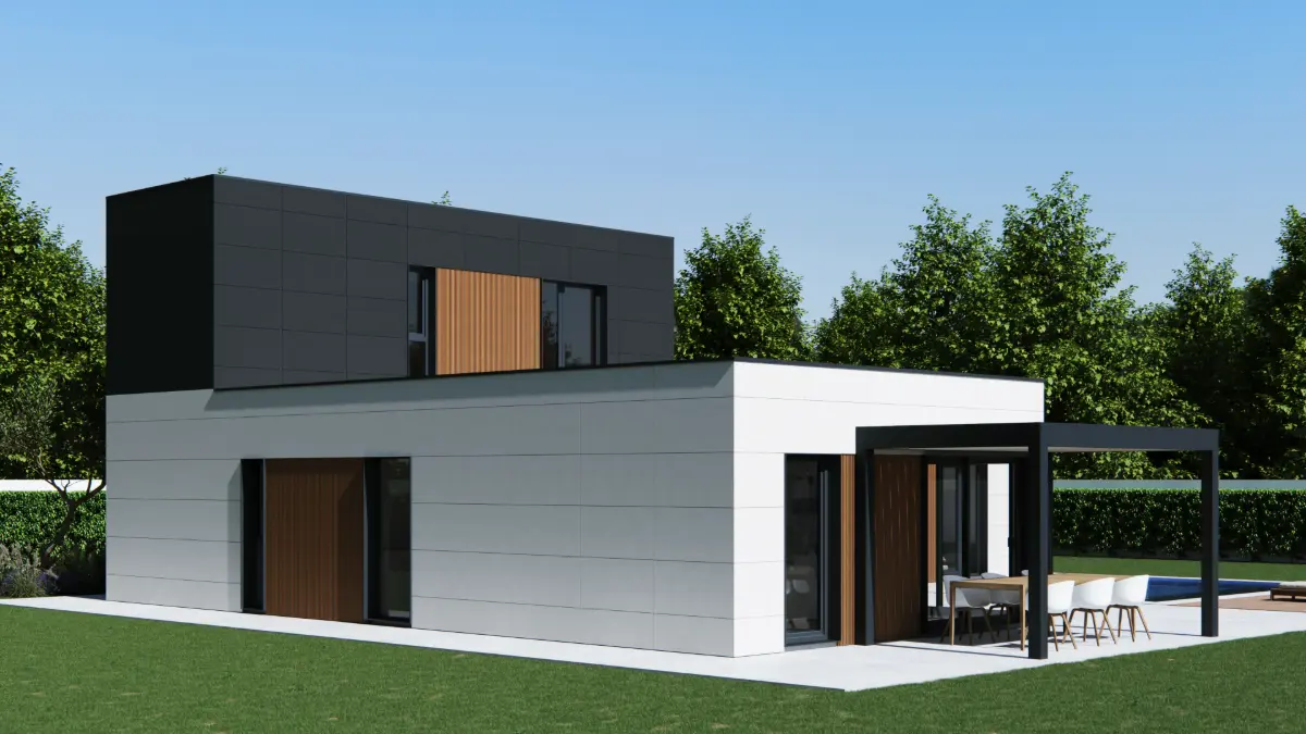 Zona exterior con pérgola en el modelo ZH180, vivienda modular de 180 m²
