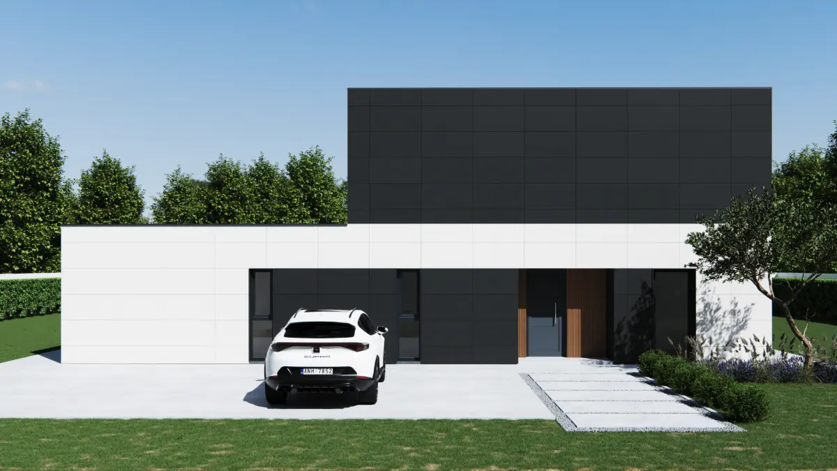 Entrada principal del modelo ZH180, casa prefabricada modular de 180 m²