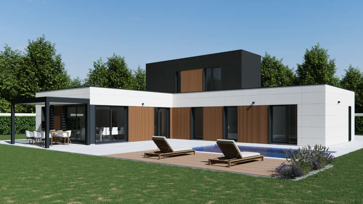 Vista trasera del modelo ZH180, casa prefabricada modular de dos plantas